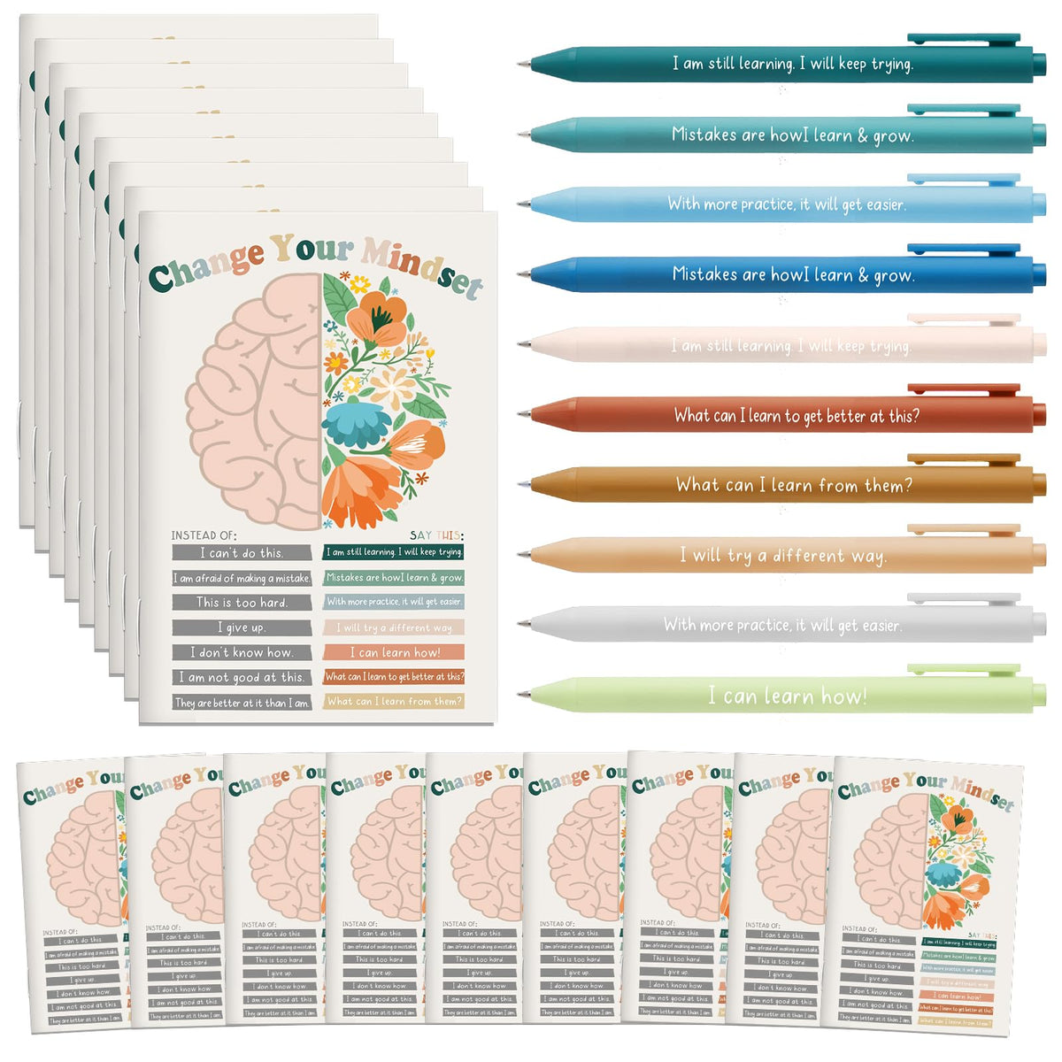 Janlaugh 60 Pcs Mental Health Awareness Gifts Bulk Motivational Notebook Journals and Positive Affirmation Pen Mental Health Items for Coworker Nurse Week Teacher Student End of Year Gifts (Mindset)