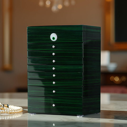 SYENS Wooden Jewelry Box Fingerprint Lockable 9-Layers Extra Large Capacity Jewelry Cabinet for Necklace/Rings/Pendants/Bracelets/Watches/Sunglasses Storage&Organizer Women Gifts (Greenwood)