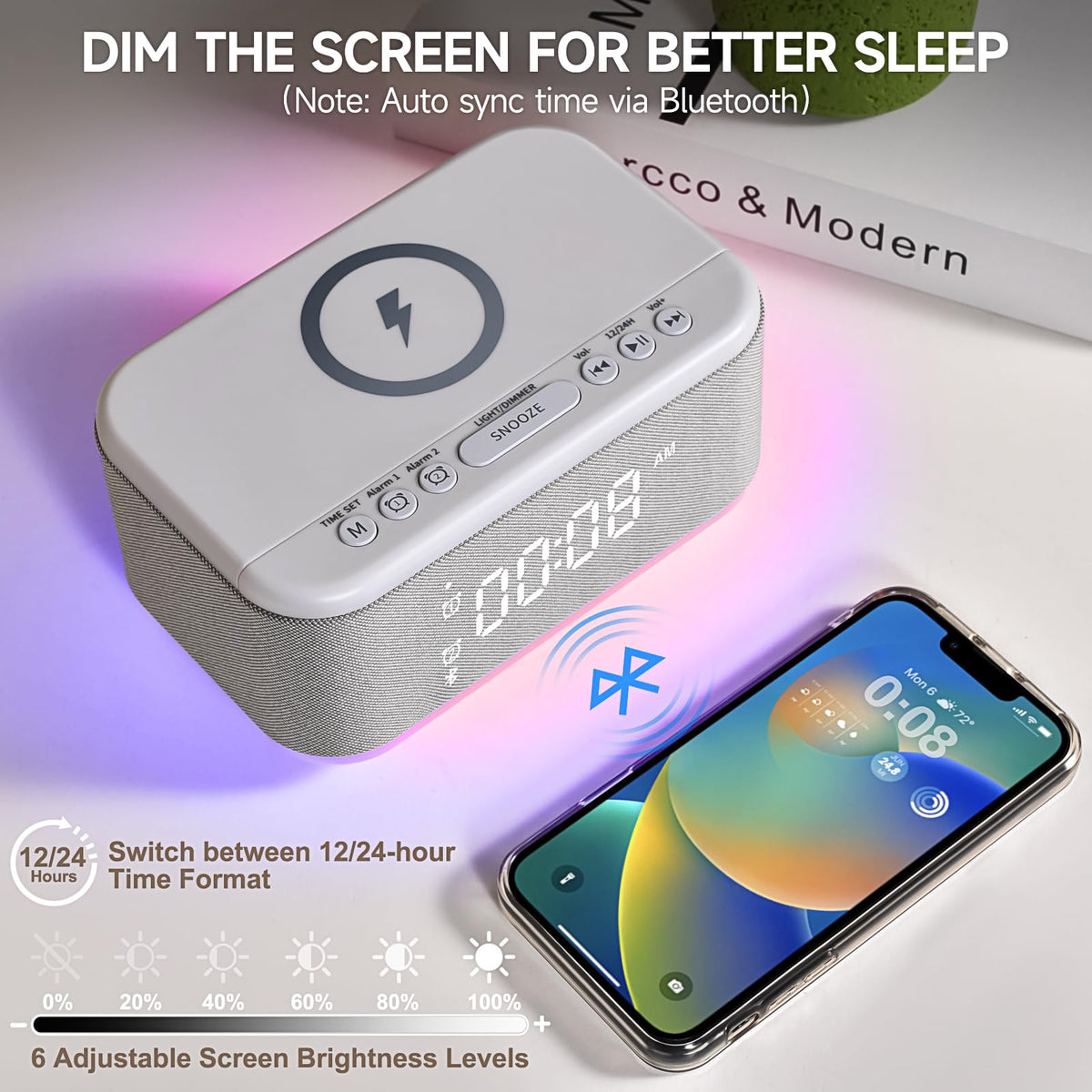 Alarm Clock Speaker Wireless Charger, Digital Alarm Clocks Bedrooms Bluetooth, Alarm Clock Dimmable Light Bedrooms Dual Alarm Snooze Dimmer 12 24H RGB Night Light Bluetooth USB AUX, Gray
