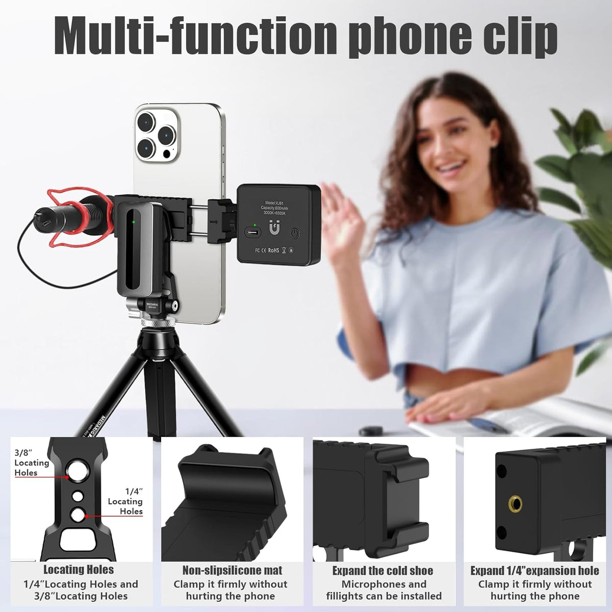 CAMEDAFLX Mount,360Adjustable Aluminum Tripod Stand Mount Universal Smartphone Adapter with Cold Shoe Cellphone Clamp