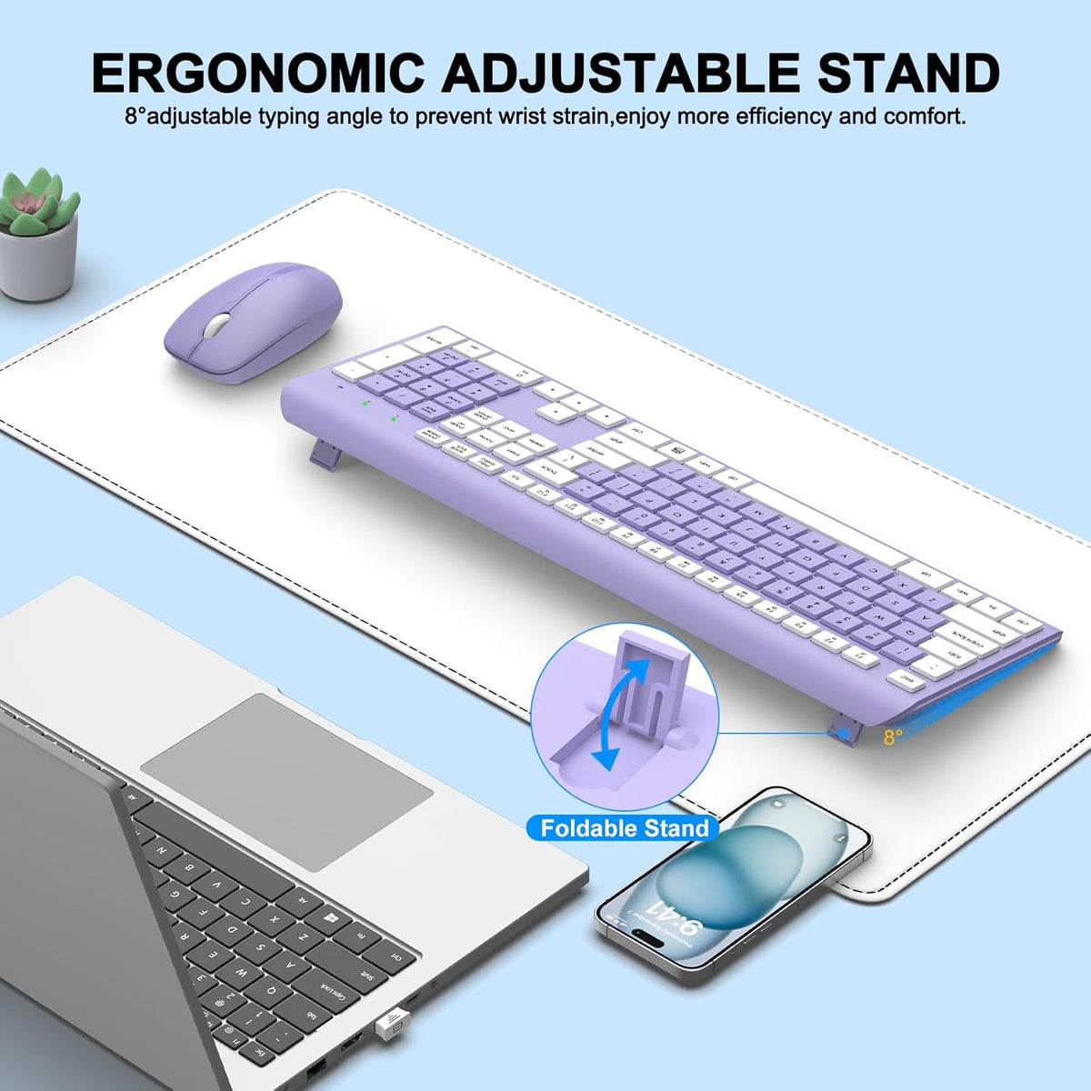 EDJO 2.4G Wireless Keyboard and Mouse Combo, Full-Size Silent Ergonomic Keyboard and Optical Mouse, Long Battery Life