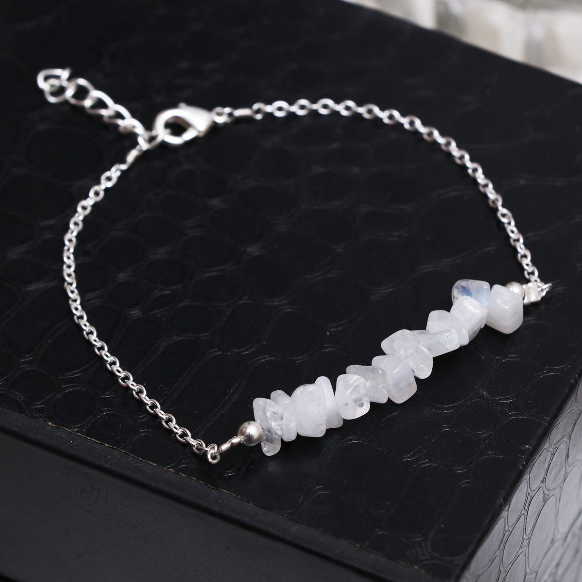 Gempires Natural Gemstone Chip Bar Bracelet for Women, Crystal Healing Bracelet, Multiple Gemstone Options, Adjustable Yellow Gold Plated Chain (7” + 1” Extender), Dainty Stackable Jewelry Gift for Her (Moonstone)