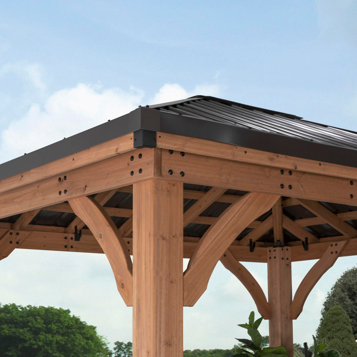 Backyard Discovery Barrington 12' x 12' Cedar Wood Outdoor Gazebo Pavilion with Hardtop Galvanized Steel Hip Roof, Snow Support, Wind Resistance, PowerPort, Shade for Garden, Patio, Deck, Entertaining