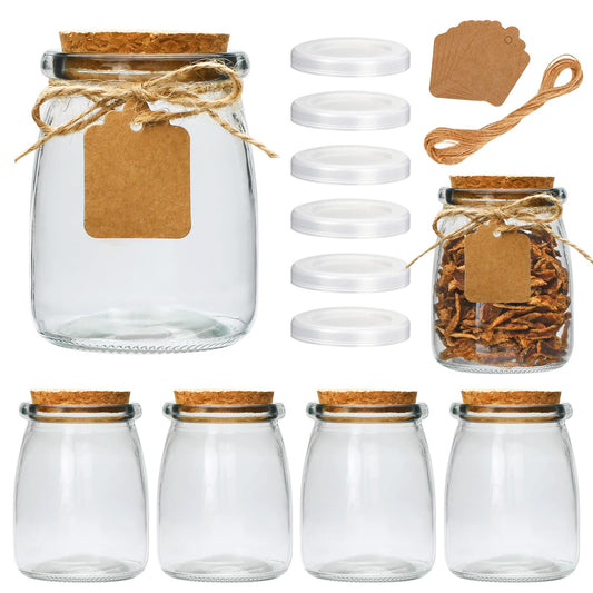 Brajttt Mini Yogurt Jars 6 Pack, 7 oz Glass Favor Jars with Cork Lids, Pudding Containers with Lids, Mason Jar Wedding Favors Honey Pot with Label Tags and String