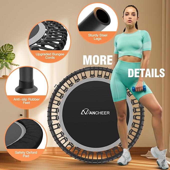 ANCHEER 40" Foldable Mini Trampoline,Max Load 450lbs/550lbs Indoor Trampoline,with 4 Level Adjustable Foam Handle and Resistance Bands,Adult Exercise Trampoline for Home, Garden, and Gym