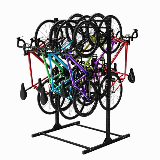 Freestanding Bike Storage Rack for 8 Bikes Heavy Duty Adjustable Bike Rack for Garage Organization & Storage Bike Rack with Hooks for Helmets and Accessories for Road, Mountain & Hybrid Bicycles
