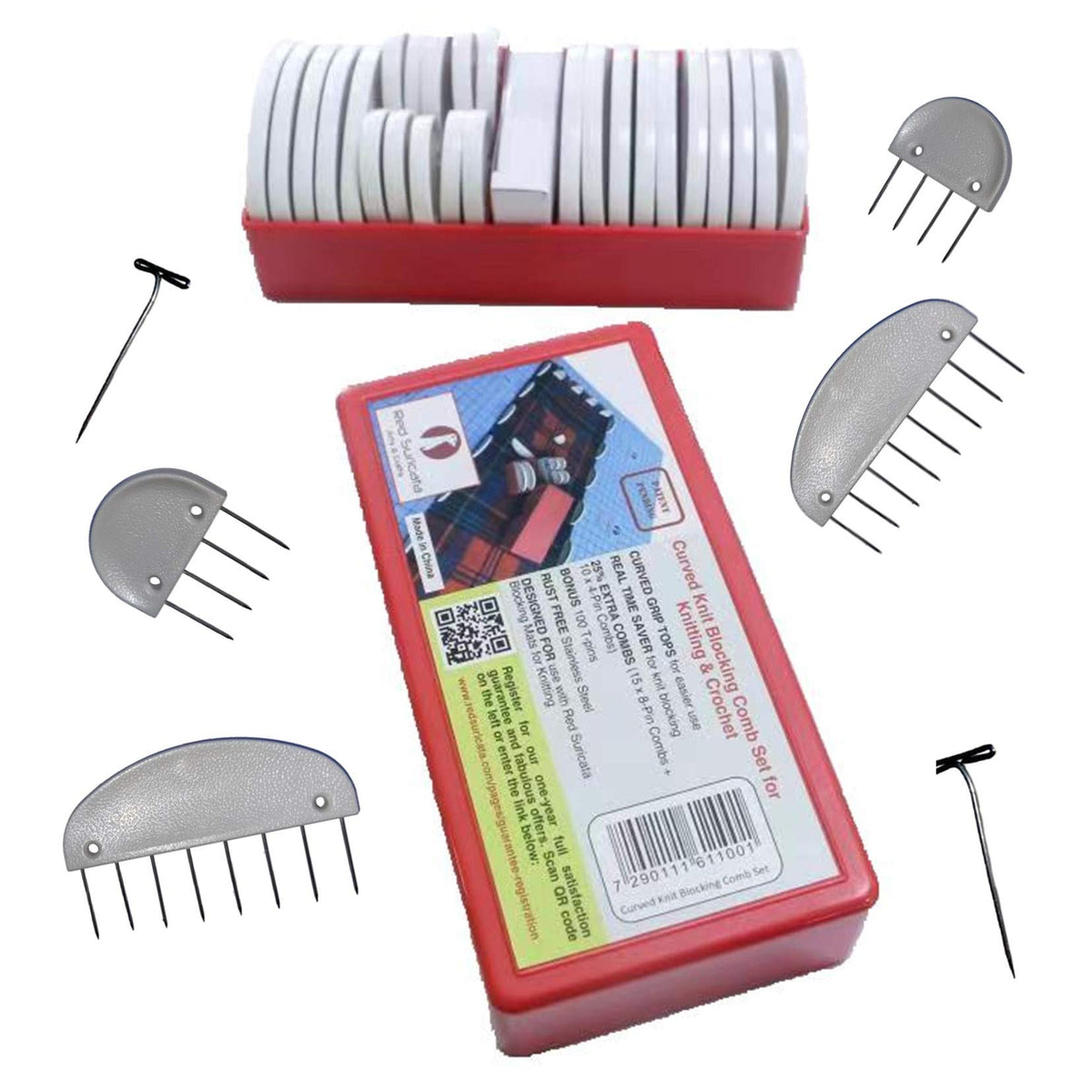Red Suricata Knit Blocking Bundle – Extra Thick Blocking Mats for Knitting & Curved Knit Blocking Comb Set & Adjustable Sock Blockers - All in one Combined Storage Bag (CMs Grid)