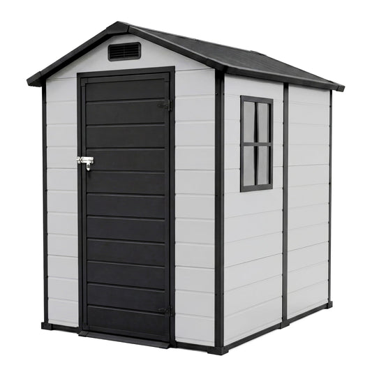 Outdoor Storage Shed with Floor, Plastic Resin Garden Shed with Window & Sloping Roof & Lockable Door for Patio Backyard Garden, Lawn Mower, Bike, Tool Storage (Grayish White + Black, 4' x 6')