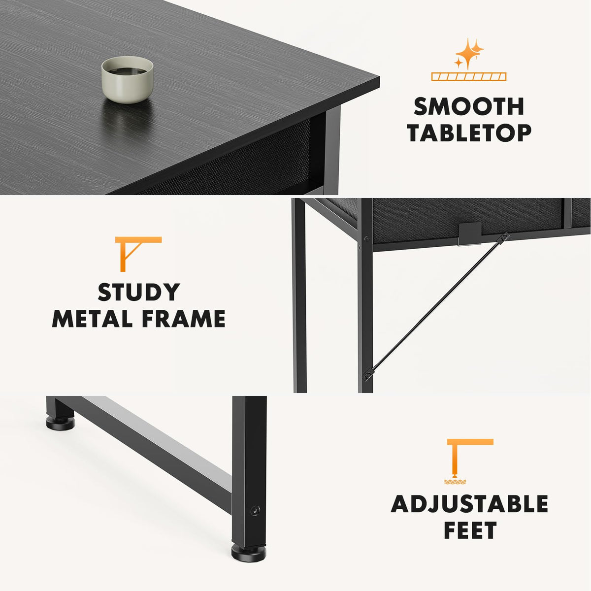 Sweetcrispy Small Desk with Fabric Drawers for Bedroom Home Office, 32 Inch Computer Gaming Desk Writing Study PC Table with Side Bag Headphone Hook Metal Frame Adjustable Feet,Pure Black