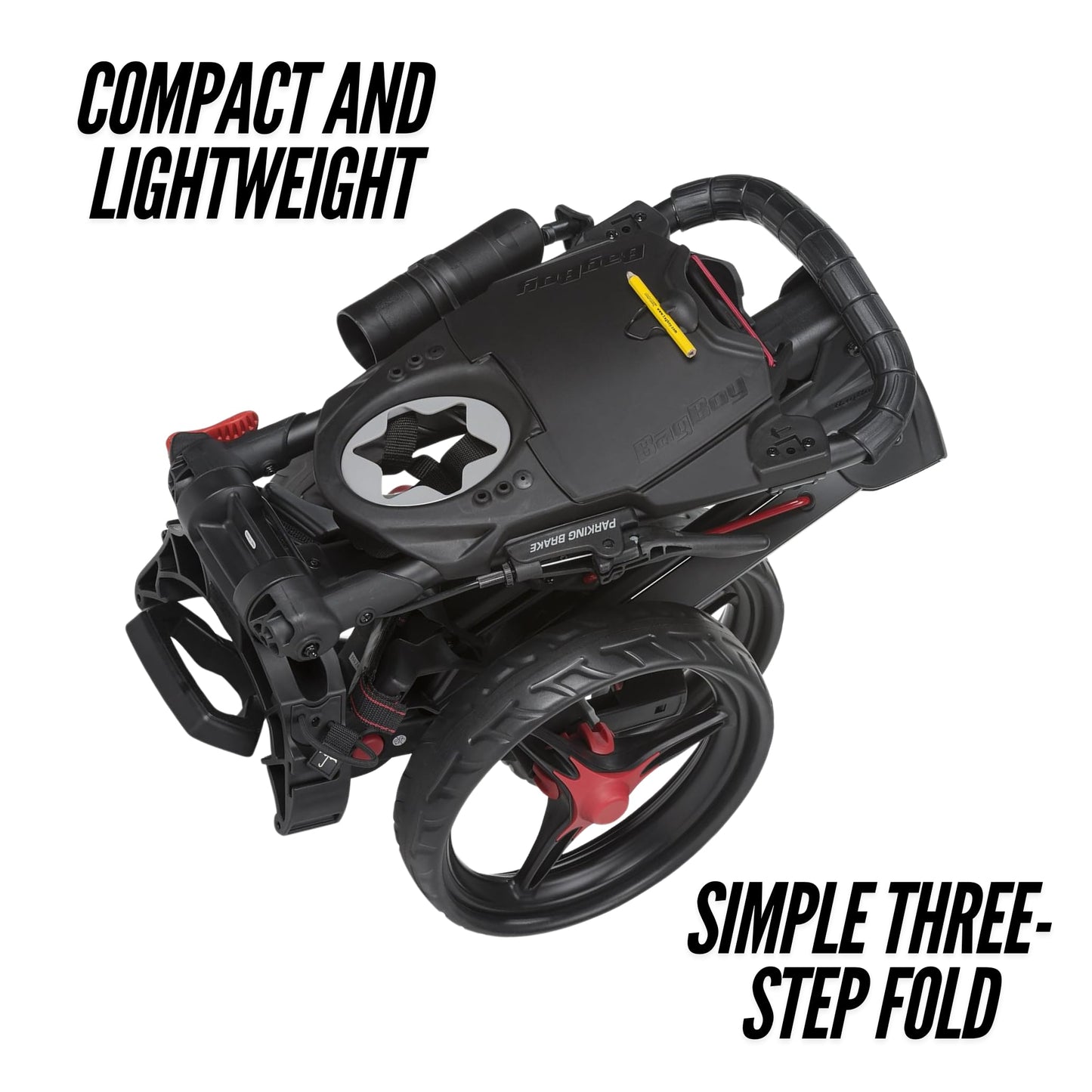 Bag Boy Compact 3, Three Wheel Golf Push Cart, Easy Three-Step Open & Close, Scorecard Console, Beverage Holder, Mobile Device Holder, Handle Mounted Parking Brake