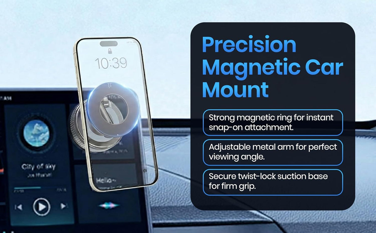 Casa Brisa 96 LBS 360 Magnetic Car Phone Mount with Strong Suction Cup - Adjustable Twist-Lock Vacuum Holder - Car