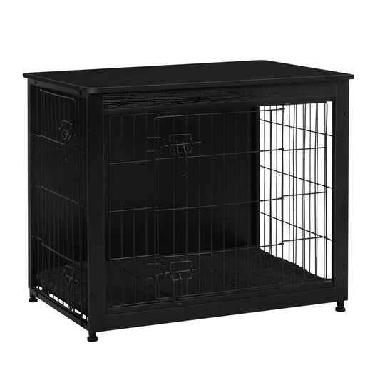 DWANTON Dog Crate Furniture with Cushion, Wooden Kennel Table with Double Doors, Indoor Dog House, Medium Size, 32.5" L, Black