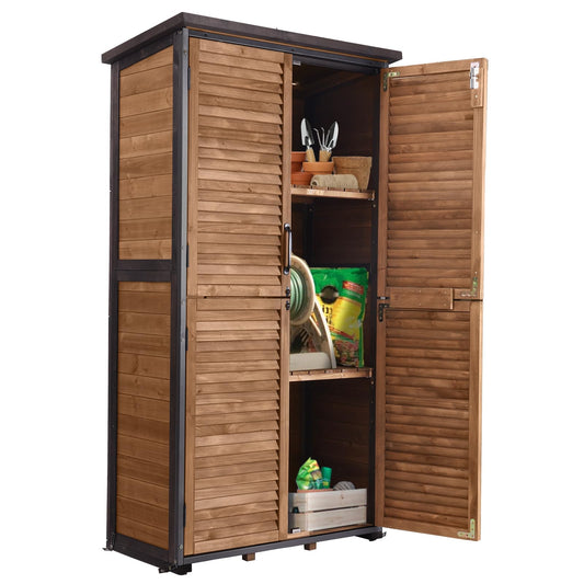 GUTINNEEN Outdoor Storage Cabinet Waterproof Metal Frame Wooden Storage Sheds Outdoor with Floor 4 Lockable Doors, 2 Adjustable Shelves, Garden Tool Shed for Patio Porch Backyard Lawn 63"