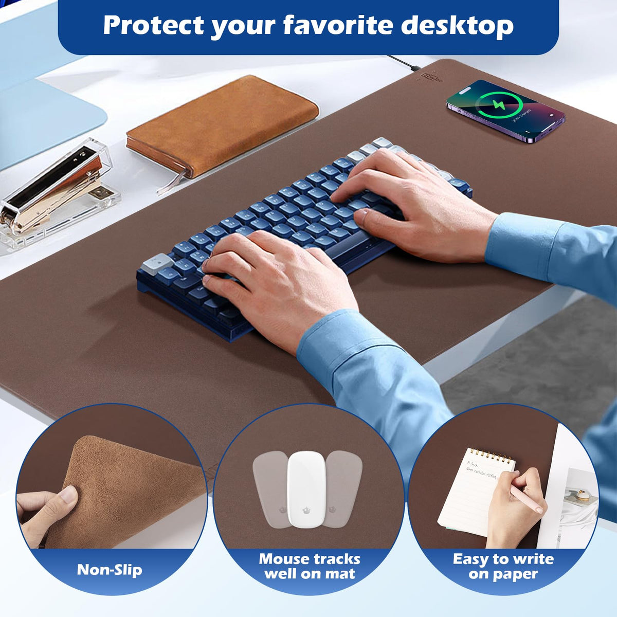 Wireless Charging Desk Mat with Desk Pad for Desktop Charging Large Mouse Pad Waterproof Leather Computer Mat Mouse Pad Non-Slip Protector on Top of Desks for Keyboard and Mouse (brown-r, 32*16inch)