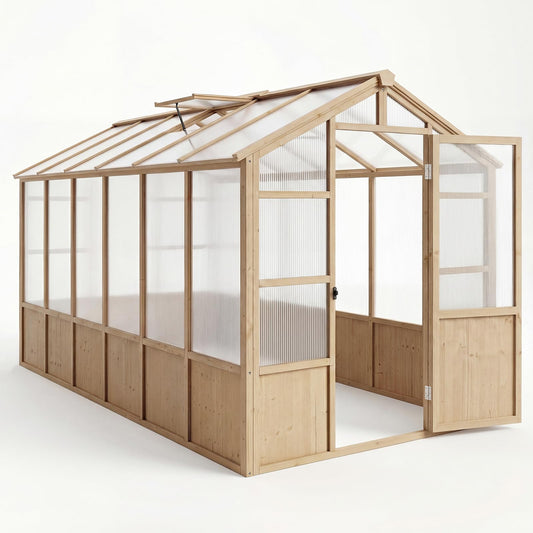 GarveeLife 6'x12' Wooden Greenhouse for Outdoor, Large Walk-in Greenhouse Kit with Ventilated Window, Door & Polycarbonate Panels, Heavy Duty Wood Frame Green House for Patio Garden Backyard