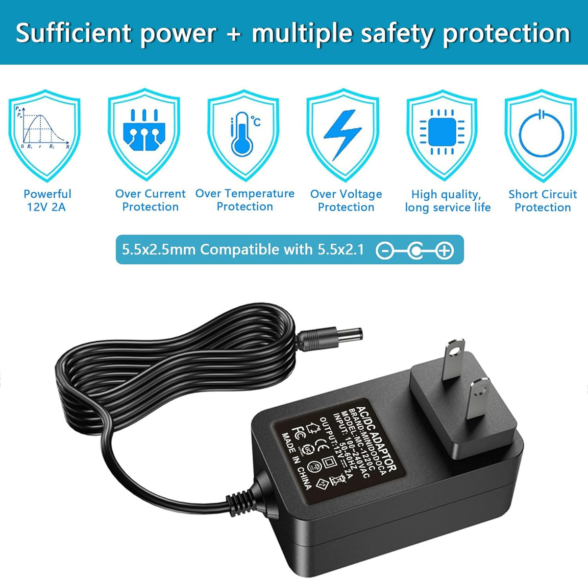 minidodoca 12V 2A 2 12 2000mA DC12V (6 Pack) AC Adapter Charger Replacement with Tips, Regulated Volts Power Supply