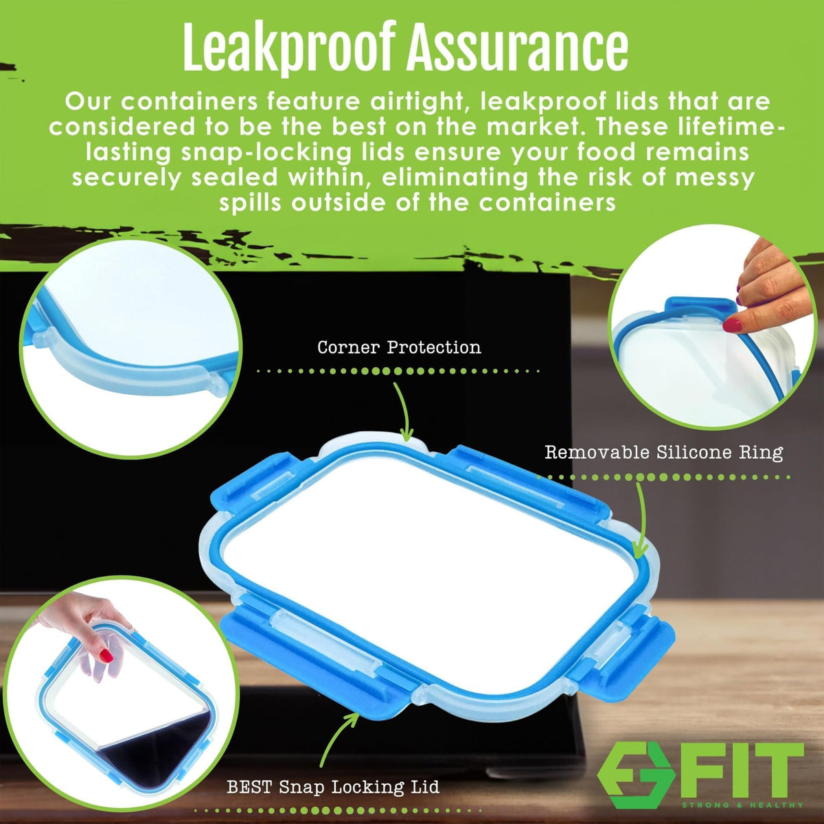 FIT Strong & Healthy Glass Meal Prep Containers, 2 & 3 Compartments - Portion Control, Lunch Container Set, Food Storage, Airtight Lids, Oven & Freezer Safe, Leak-Proof Bento Box, 32 oz, Blue, 4 Pack