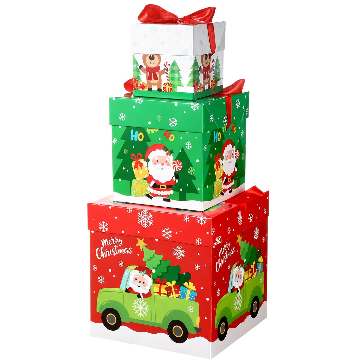TecUnite 3 Pcs Christmas Stackable Nesting Gift Boxes Decorative Boxes with Lids for Present Wrapping Xmas New Year Holiday Party Xmas Tree Decor (Lively,Red, Green, White)