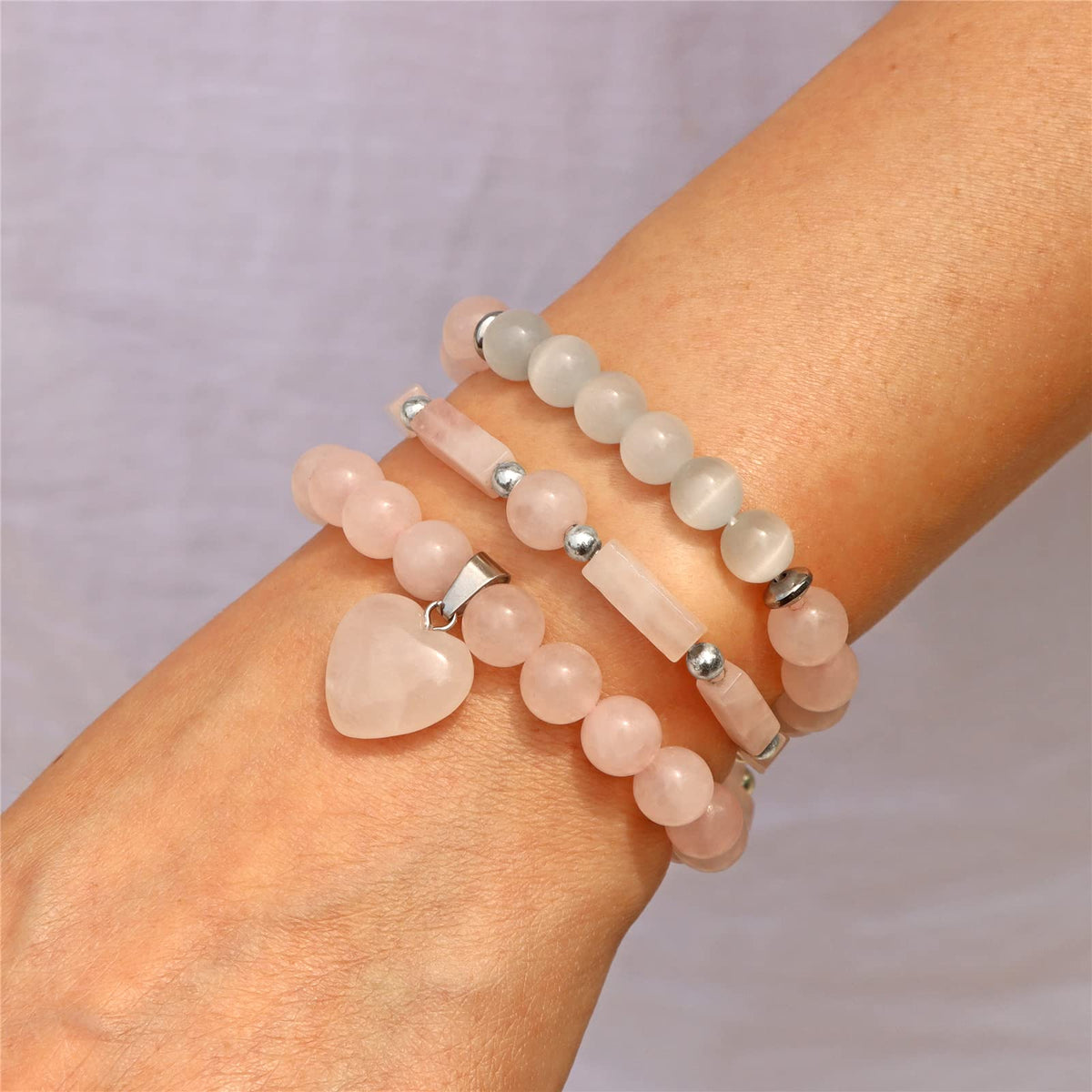Vinswet Healing Crystal Beaded Bracelets for Women,Natural Rose Quartz Moonstone Gemstones Bracelet,Anxiety Stress Relief Heart Charm Bracelet Handmade pink Jewelry Gifts for Women (3pcs)