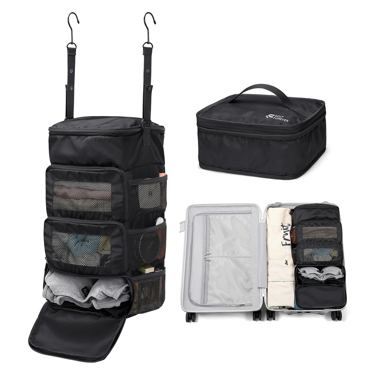 GOLF QUALITY Multi-layer storage bag Casual simple Luggage Packing Organizer with Hook,Clothing Underwear Bag,Carry On Closet,Classic black