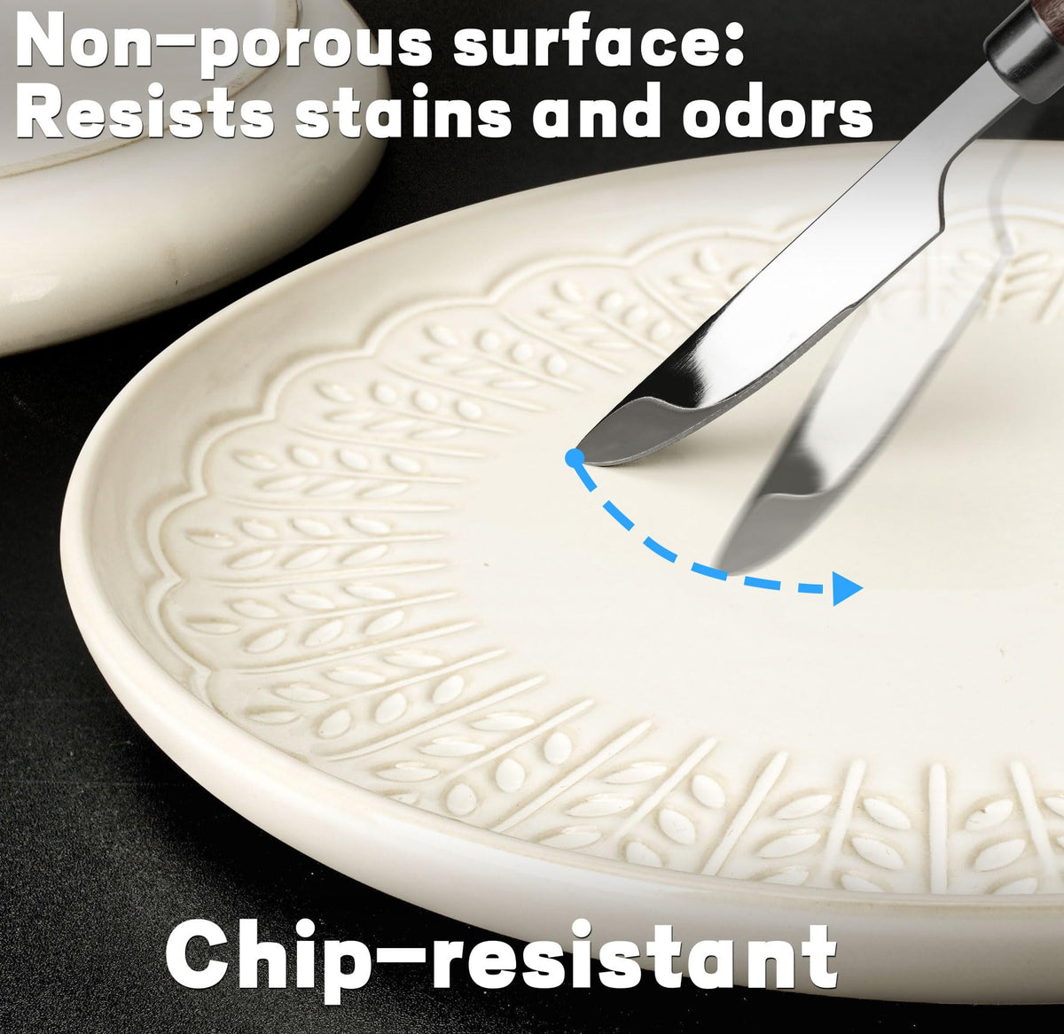Artena Salad Plates Set Of 4, 8.5 Inch Embossed Ceramic Dinner Plates for Appetizer Dessert, Kitchen Plates With Lipped Edges, Microwave Oven Dishwasher Safe (Wheat Leaf)