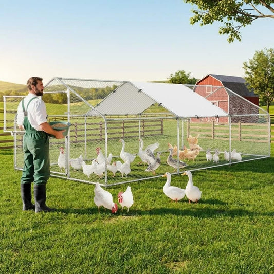 Large Metal Chicken Coop, 9.8' W x 19.7' L x 6.6' H Walk-in Poultry Cage, Chicken Run Pen House with Waterproof & Anti-Ultraviolet Cover & Lockable Doors for Outdoor
