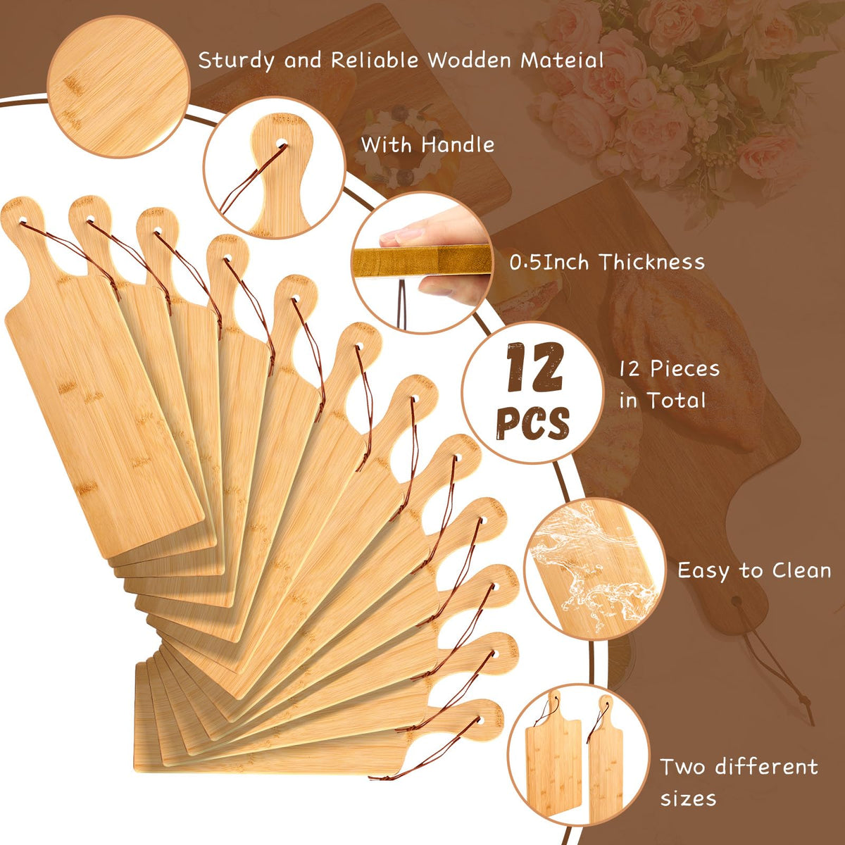 Tanlade 12 Pcs Wood Cutting Board Set Cutting Board with Handle Chopping Serving Board Butcher Cutting Block for Valentines Mother's Day Wedding Housewarming Gift, 16'' x 10'', 16'' x 5'' (Bamboo)