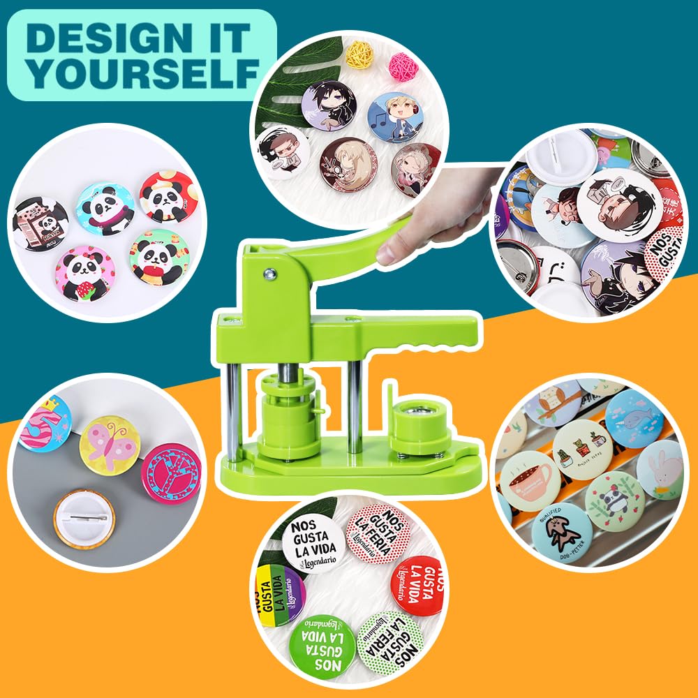 Happizza Button Maker Machine, (3rd Gen) Installation-Free 25mm(1 in) DIY Pin Button Maker Press Machine Kit, Badge Punch Press Machine with Free 500pcs Button Parts&Pictures&Circle Cutter