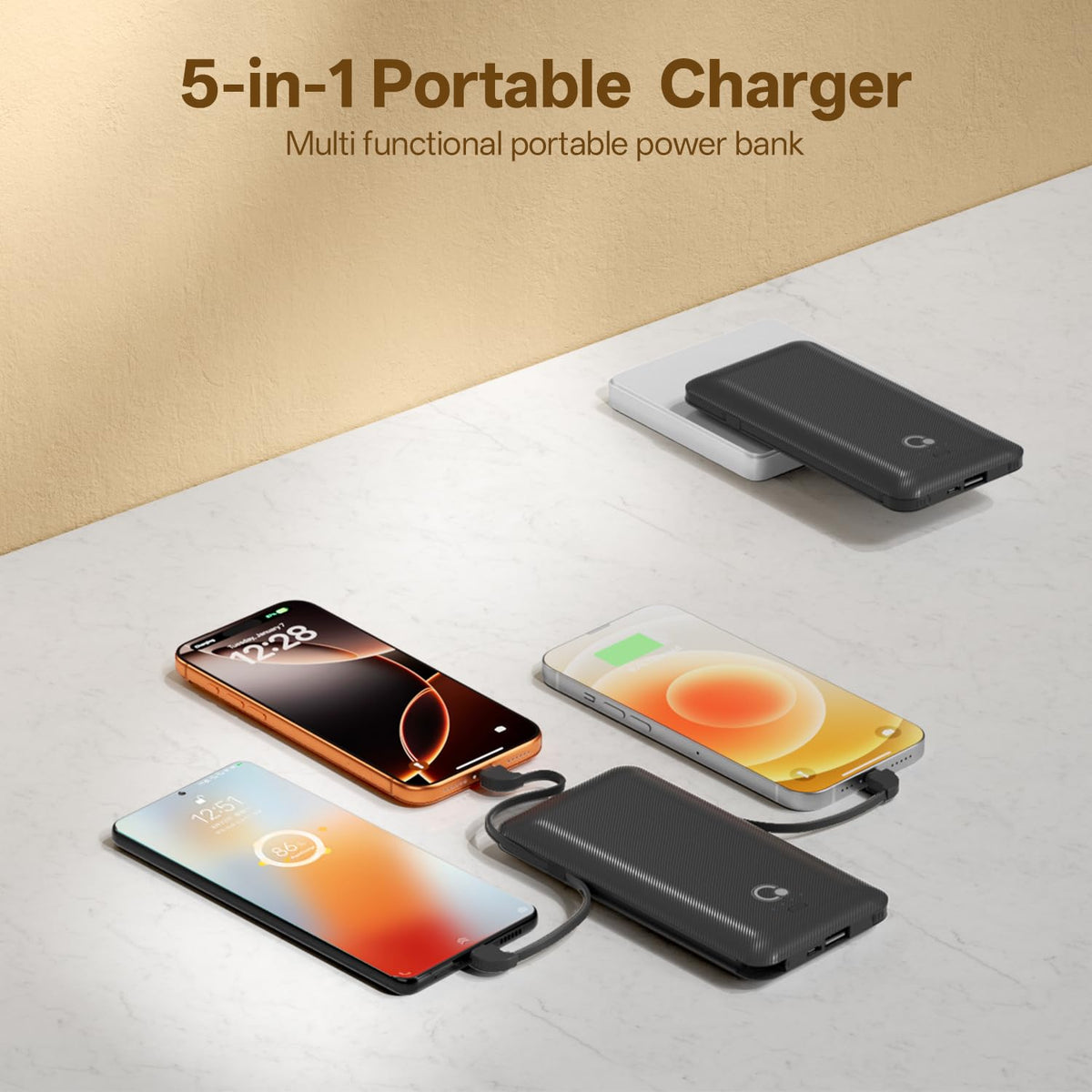 Brand Q Portable Charger with Built-in Cables and AC Wall Plug,Slim USB C Travel Essential Power Bank 10000mAh,External Battery Pack Compatible with iPhone,Samsung,Tablet and All Smart Phones