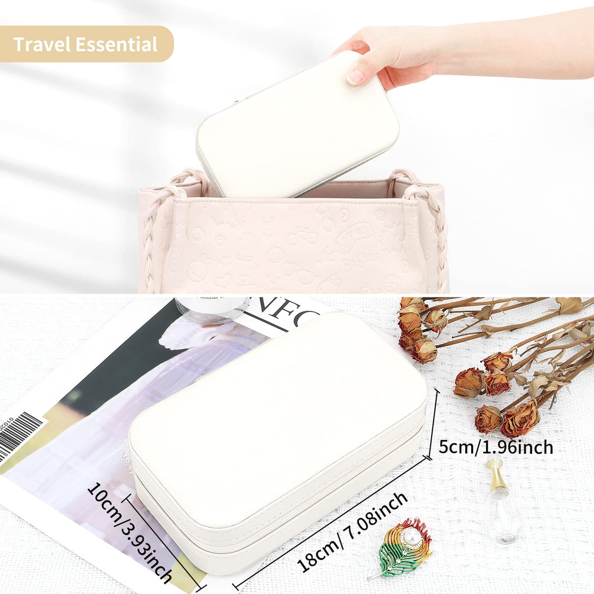 DesignSter Travel Jewelry Box, PU Leather Portable Jewelry Case, Small Jewelry Boxes for Gifts, Travel Jewelry Organizer for Women Rings Earrings Necklaces Bracelets (Beige)