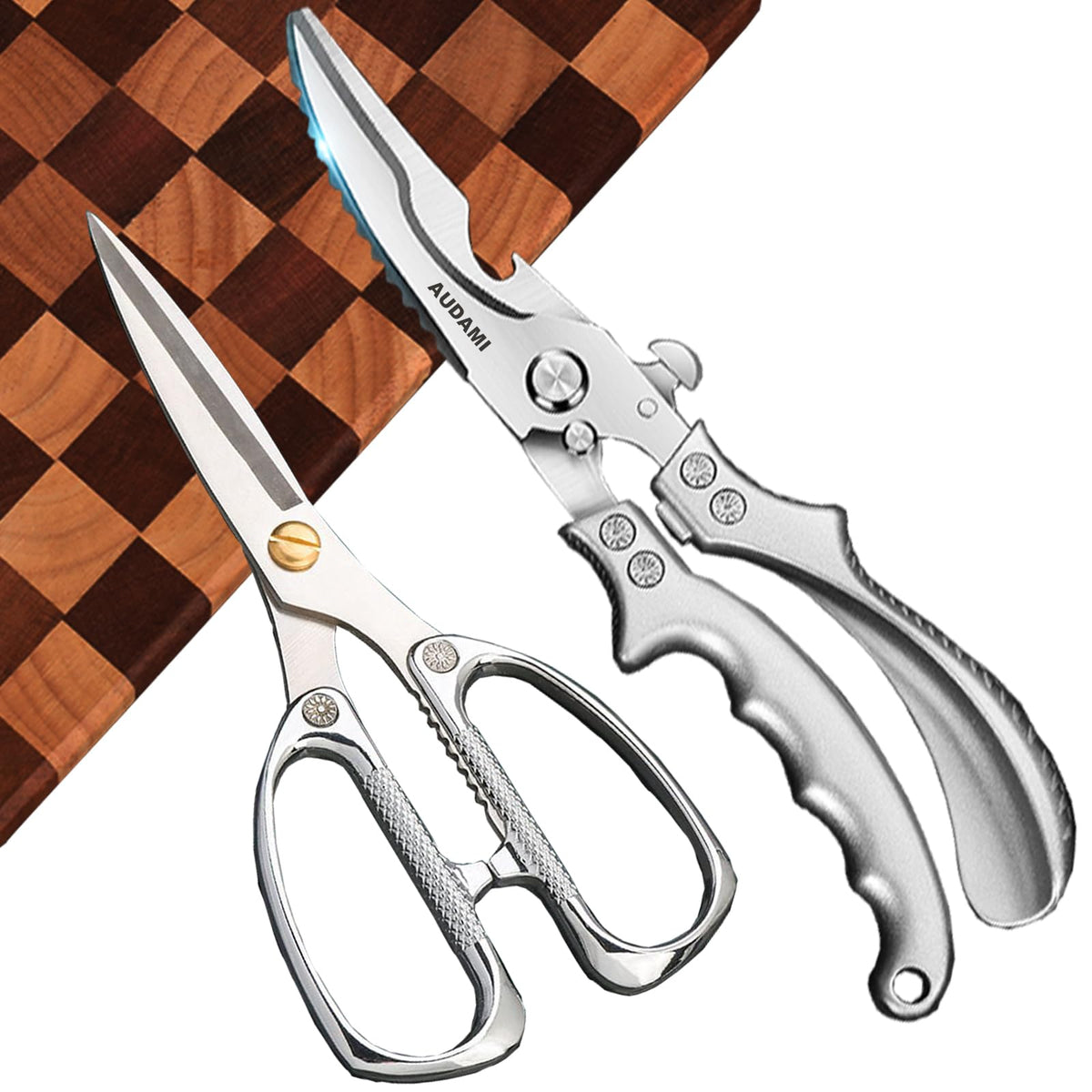 AUDAMI 2 Pack Kitchen Shears,Heavy Duty Stainless Steel All-Purpose Poultry Meat Scissors for Cooking-Dishwasher Safe