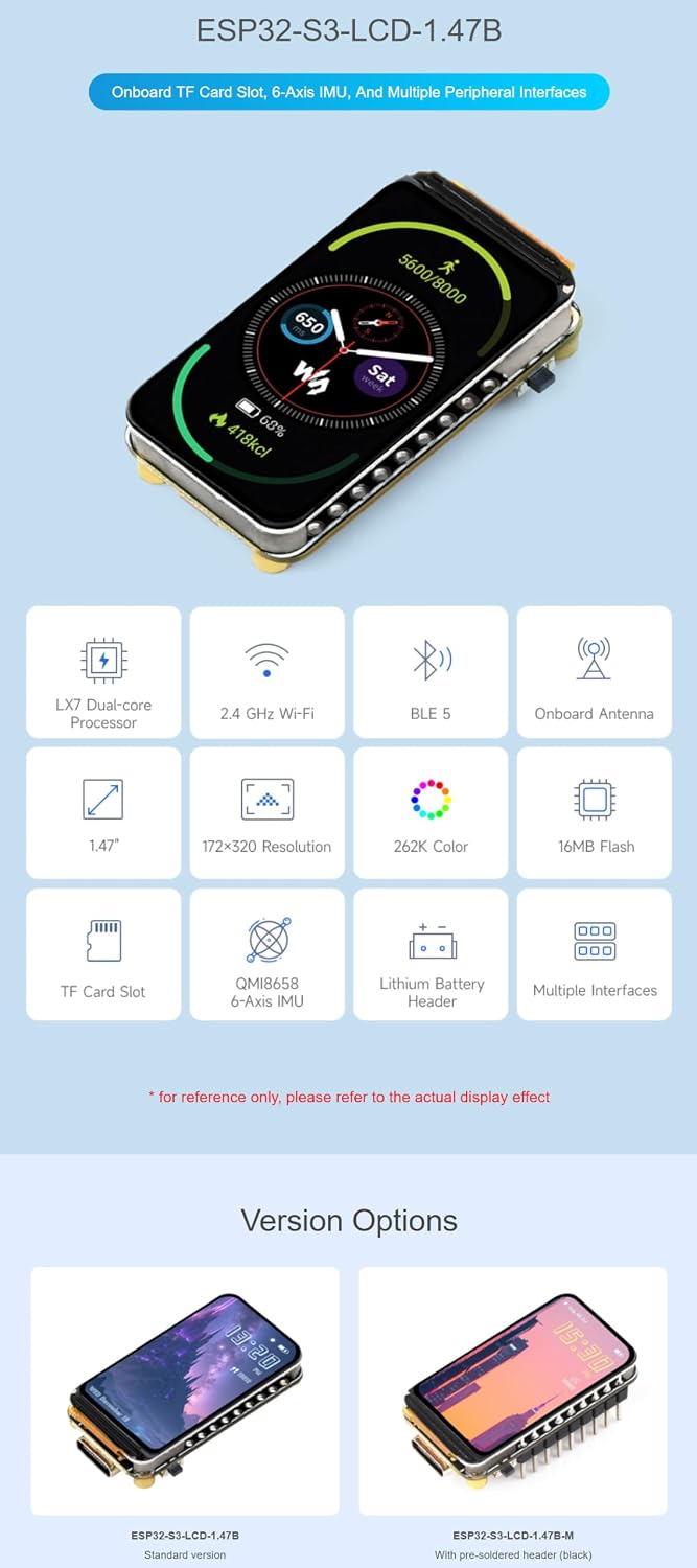 XYGStudy ESP32-S3 1.47inch 172320 262K 2.4GHz 5, 240MHz LX7 (ESP32-S3-LCD-1.47B) LCD Display Development Board Type B