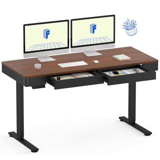 FLEXISPOT Standing Desk with Drawer, 55 x 24 Inch Whole Piece Electric Adjustable Height Stand Up Computer Workstation for Home, Office, Dark Walnut