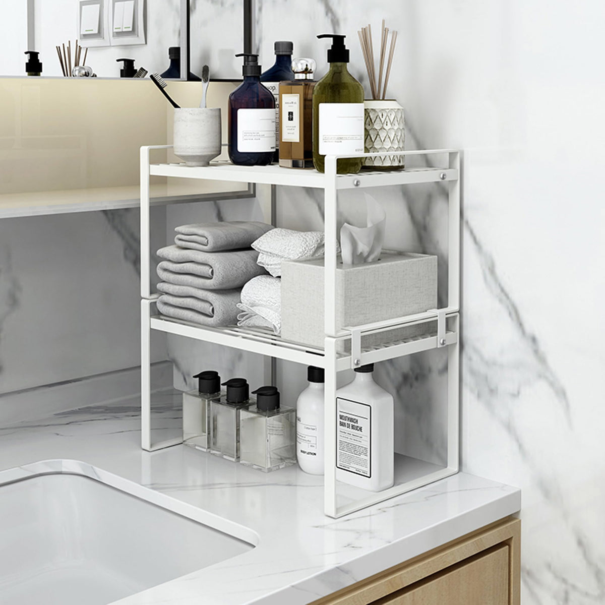 Shantton 2 Pack Kitchen Cabinet Shelf Counter Organizer Rack Pantry Storage Bathroom Bedroom Office Table Desk Space Saving Steel Frame Stackable Rust Resistant Non Slip White