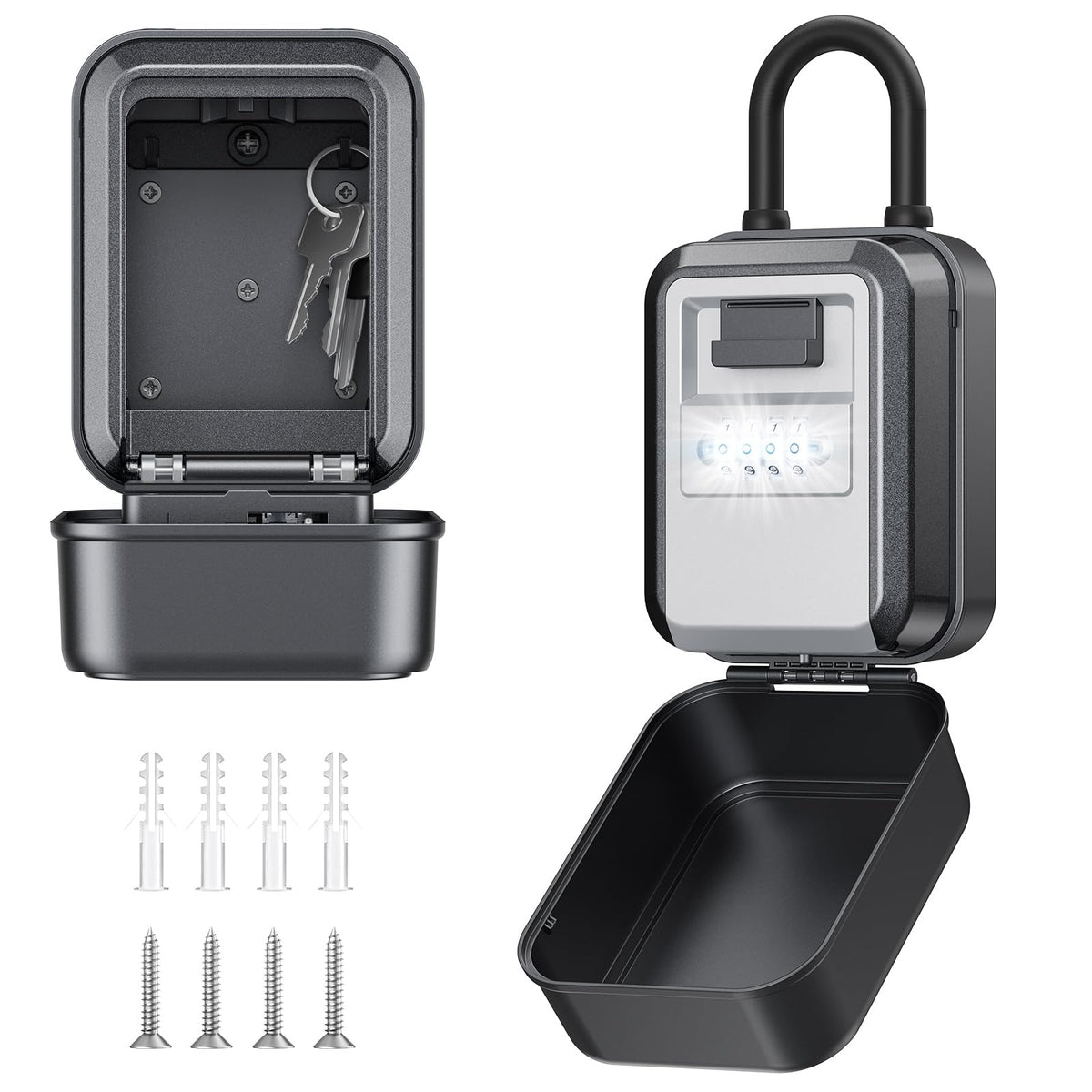 TOSICAM Light Up Key Lock Box - Waterproof Wall Mount Portable 4-Digit Combination Key Safe Storage for Outdoor/Home/Airbnb/Emergency/Realtor/Large Capacity/Resettable Code