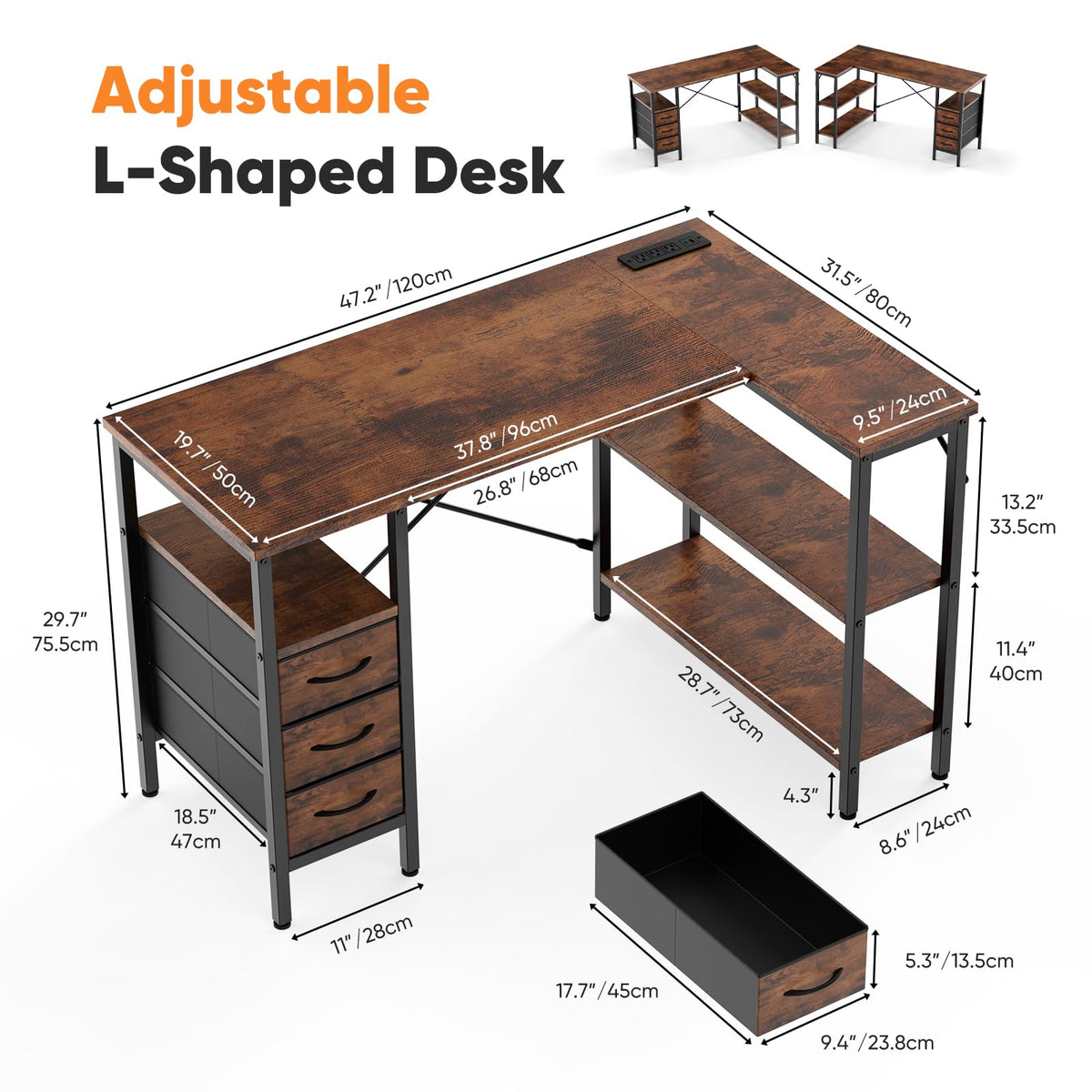 DUMOS L Shaped Desk with Shelf Drawers 47 Inch, Brown Corner Computer Desks Gaming with Power Outlet, Study Table with Adjustable Shelves, Home Office Tables for Bedroom Teacher Reading Writing