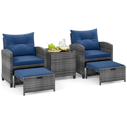 Tangkula 5 Pieces Patio Conversation Set, PE Wicker Rattan Outdoor Furniture Set with 2 Chairs, 2 Ottomans & Tempered Glass Coffee Table, Ideal for Poolside, Backyard, Lawn, Deck, Mix Grey & Navy