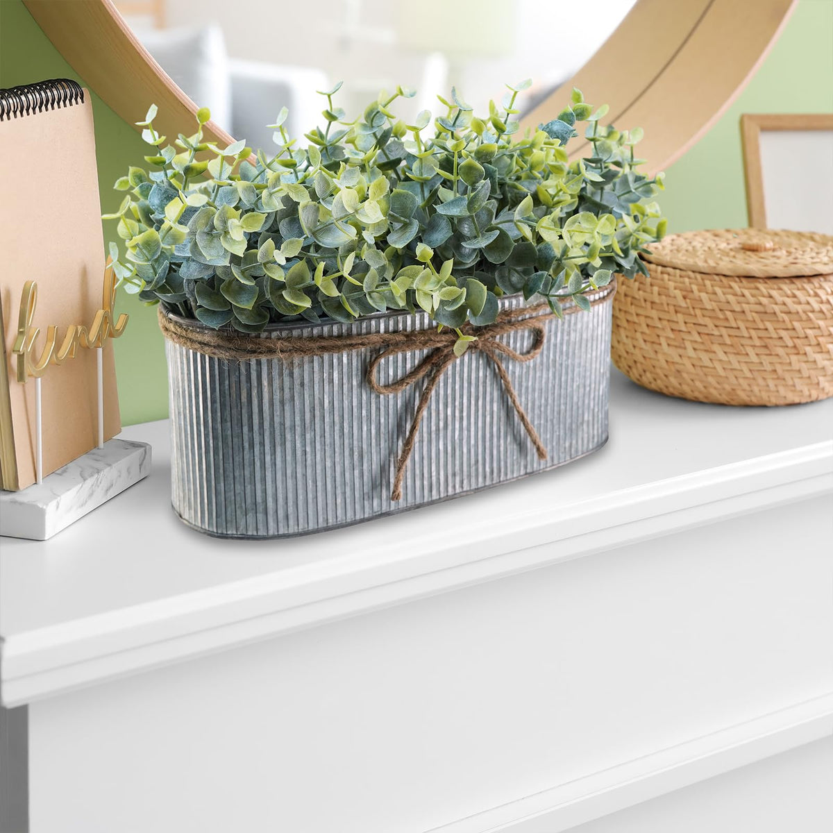 Winlyn Artificial Eucalyptus Arrangement in Rustic Oval Galvanized Metal Planter Box Faux Eucalyptus Bush Greenery Potted Plants for Farmhouse Indoor Home Office Table Centerpiece Kitchen Décor