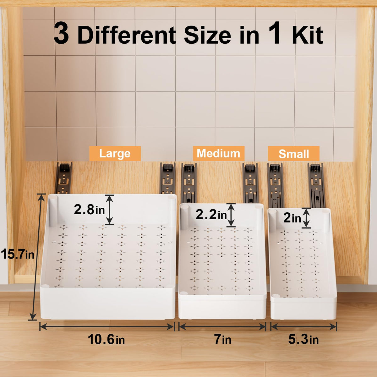 Delamu 3 Pack Pull Out Cabinet Organizer, 15.7"Deep Pull Out Drawers for Cabinets, Slide Out Drawers for Kitchen Cabinets, Bathroom Cabinet Organizer, Pantry (White)