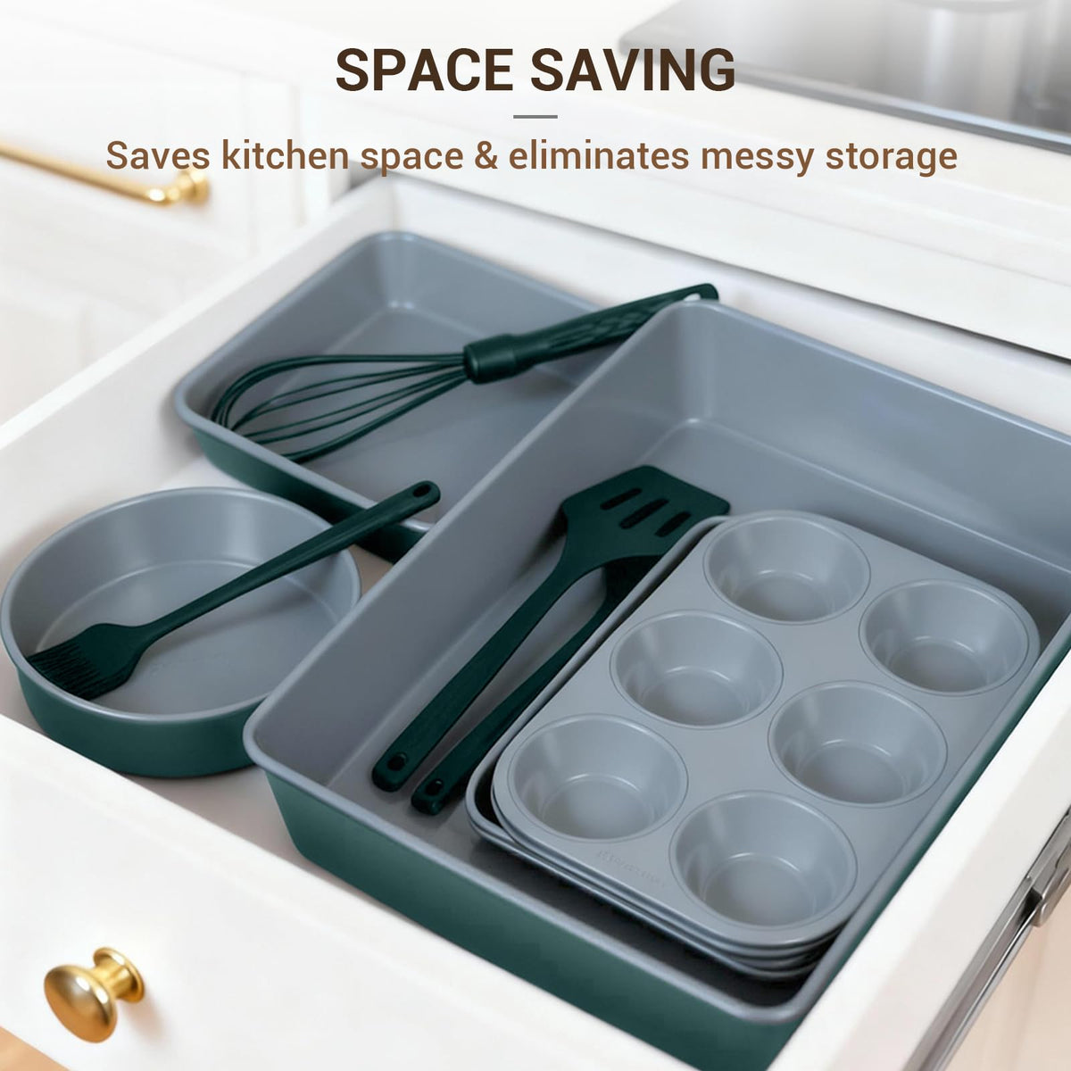 Ammeloo 22-Piece Baking Pans Set Stackable Bakeware Non Stick Baking Set Non Toxic Oven Pans, Including Roasting Pan, Cookie Sheets, Muffin Pans, Cake Pans, Oven Mitt and Utensils(Gray & Hunter Green)