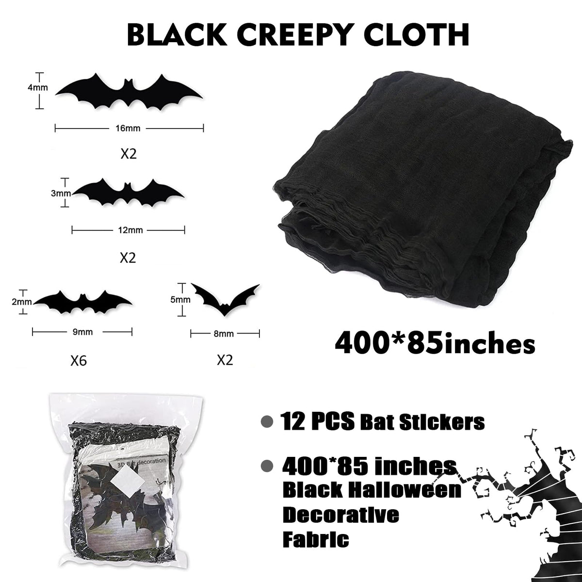 SHIYOUO 400" x 85" Halloween Black Creepy Cloth, Large Size Spooky Gauze Fabric, Halloween Scary Decoration for Haunted Houses Party Supplies Indoor Outdoor-Black 400" x 85"