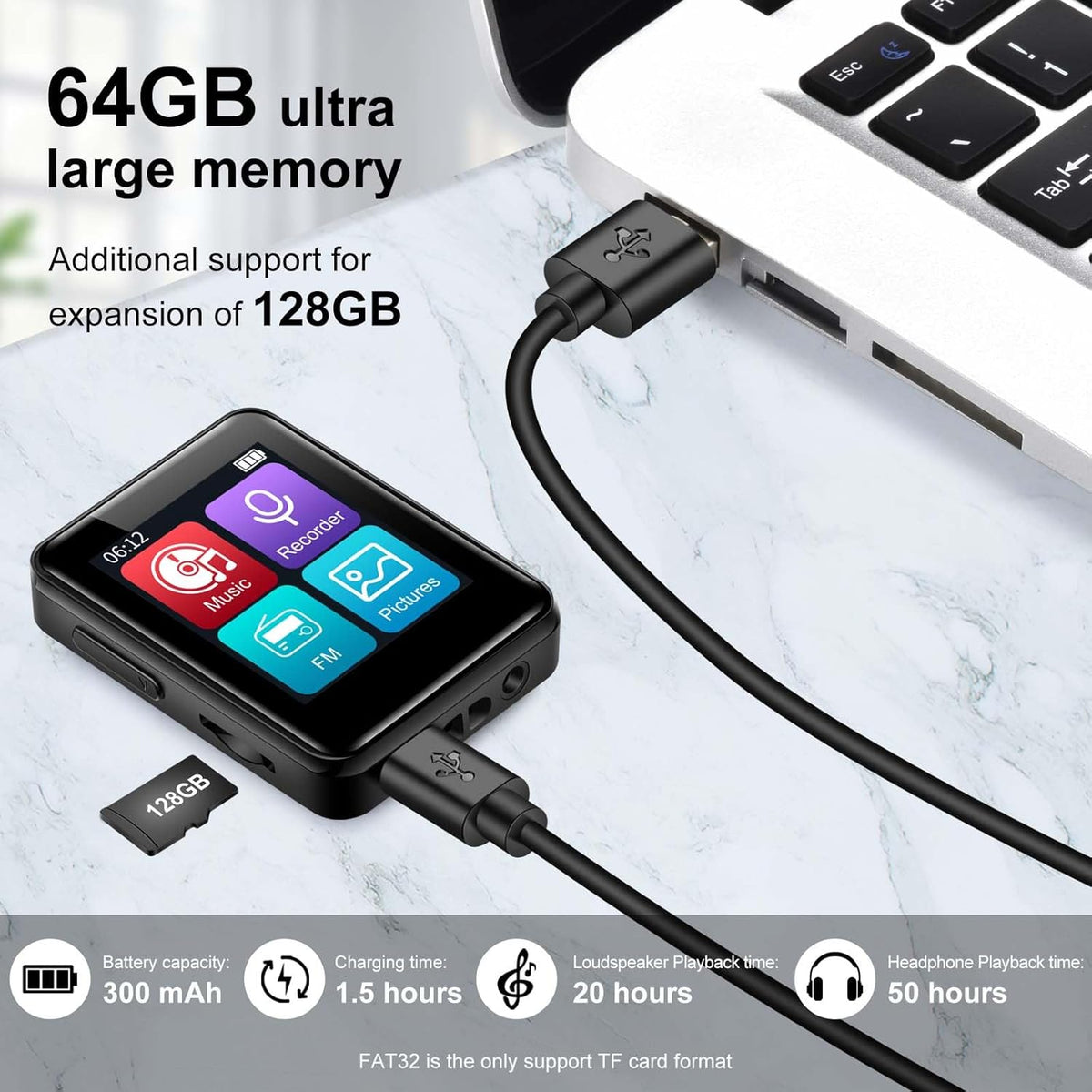woolynew MP3 1.8 inch MP3 512GB, 64GB Music Player, Screen Portable HiFi Player Expandable to with Bluetooth, FM Radio
