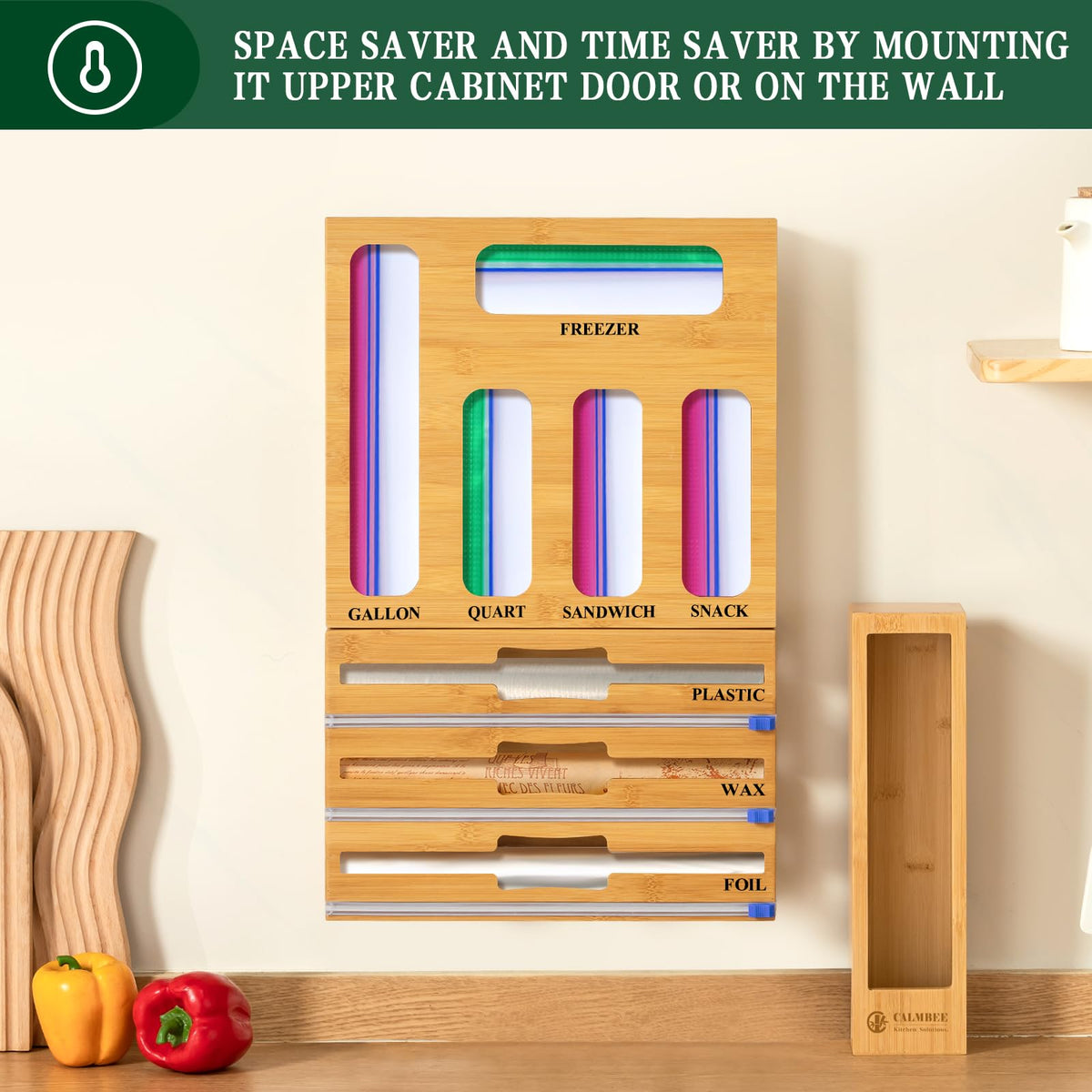Calmbee 9 in 1 Bamboo Storage Bag Organizer for Kitchen Drawer – Plastic Wrap Dispenser with Cutter & Foil Organizer, Wooden Baggie Organizer for Sandwich, Snack, Gallon, Quart Sizes, Natural