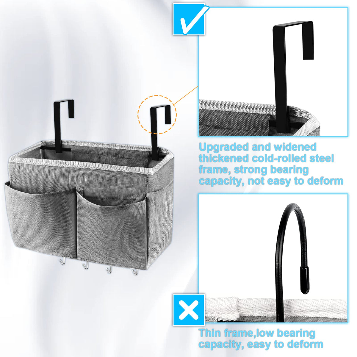 Frjjthchy Bedside Storage Organizer 5 Pockets with 4 Hooks Hanging Storage Bag for Headboards/Bunk Bed (Grey)