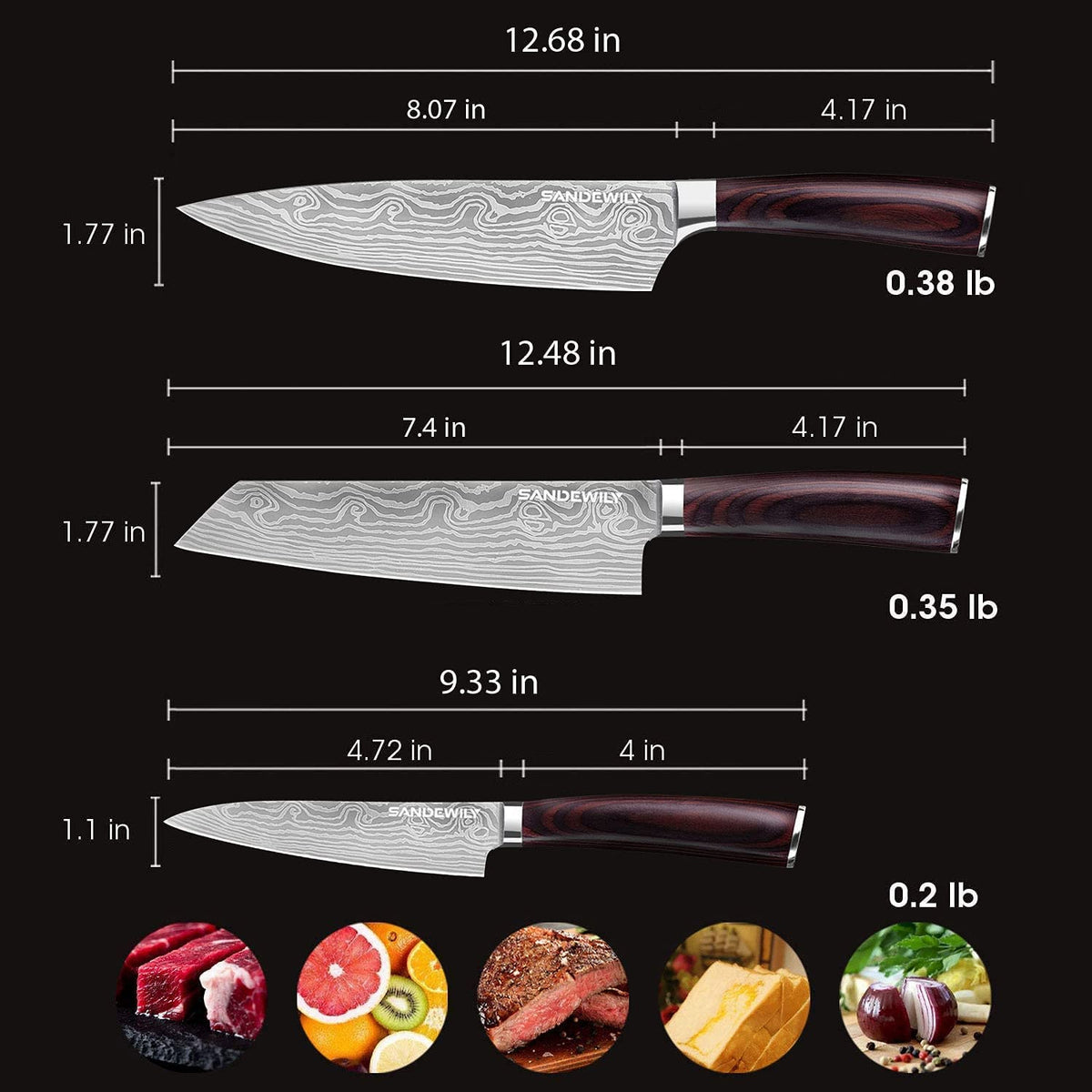 SANDEWILY Professional Kitchen Knives High Carbon Stainless Steel Chef Knife Set,3PCS Ultra Sharp Japanese Knife with Sheath,Ergonomic Pakkawood Handle Elegant Gift Box for Home or Restaurant