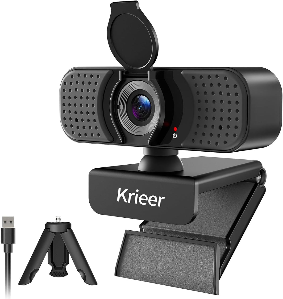 Krieer 1080P HD Webcam with Dual Mics Autofocus, Noise Cancellation, Wide-Angle, Auto Light Correction, Privacy Cover