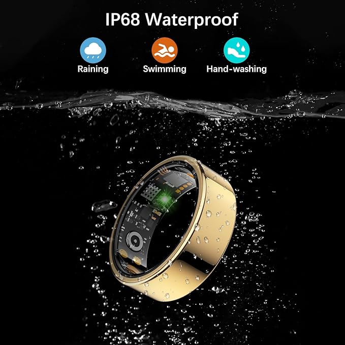 Smart Health Ring for Women Men, Fitness Tracker Ring with Heart Rate, Blood Oxygen, Sleep Tracker, Step Tracker, No Subscription Fee, IP68 Waterproof Smart Ring for iPhone & Android (Gold, 11#)