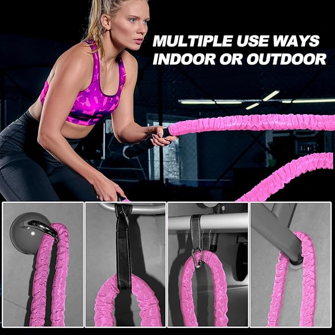 Battle Rope 1/1.26/1.5/2 Inch Diameter,Pink 30FT/40FT/50FT Exercise Workout Ropes for Home Gym Heavy Weighted Training Rope for Working Out