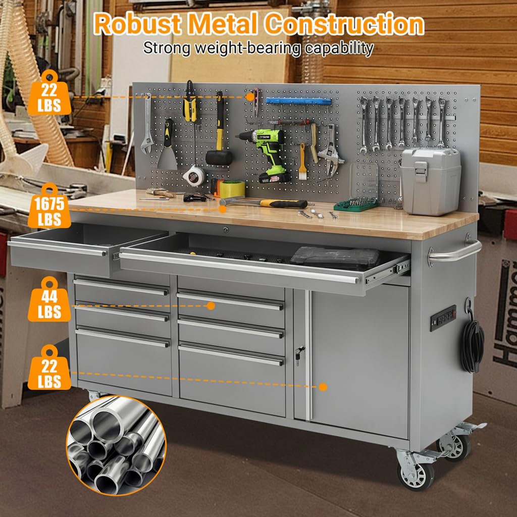 IDEALHOUSE 61-inch Rolling Tool Chest, 10 Drawers Garage Workbench Storage Tool Cabinet with Power Strip, Solid Rubber Wood Top, 1675 LBS Load Mobile Workstation, Heavy Duty Rolling Cabinet, Silver