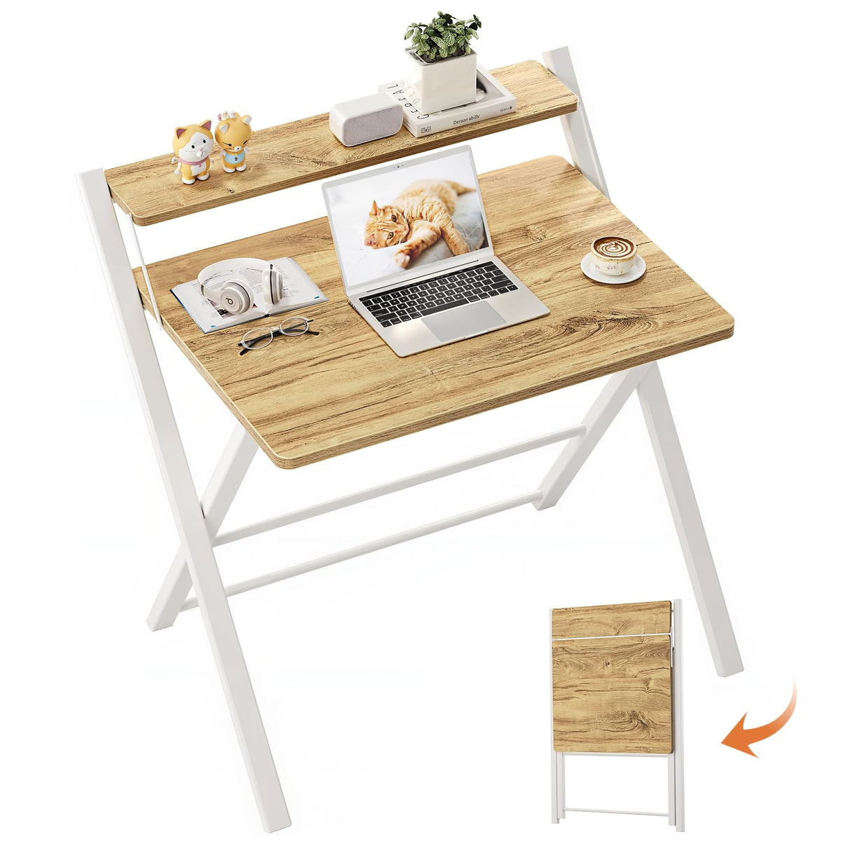 GreenForest Portable Small Desk No Assembly, 2-Tier Compact Computer Desk with Shelf, Space Saving Foldable Table for Home Office, Bedroom or Apartment, Portable Collapsible Sturdy Laptop Desk, Oak